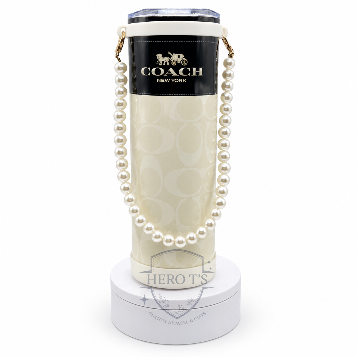 Cream custom tumbler with pearl strap