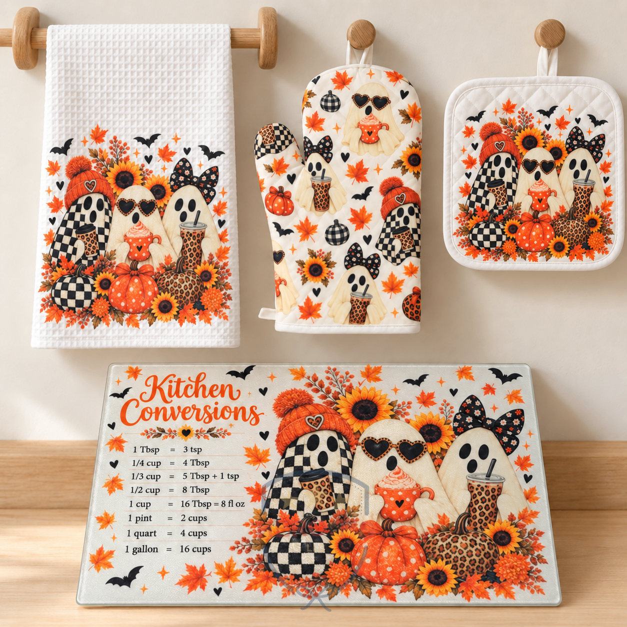 Fall ghosts kitchen set — towel, oven mitt, pot holder, and matching cutting board