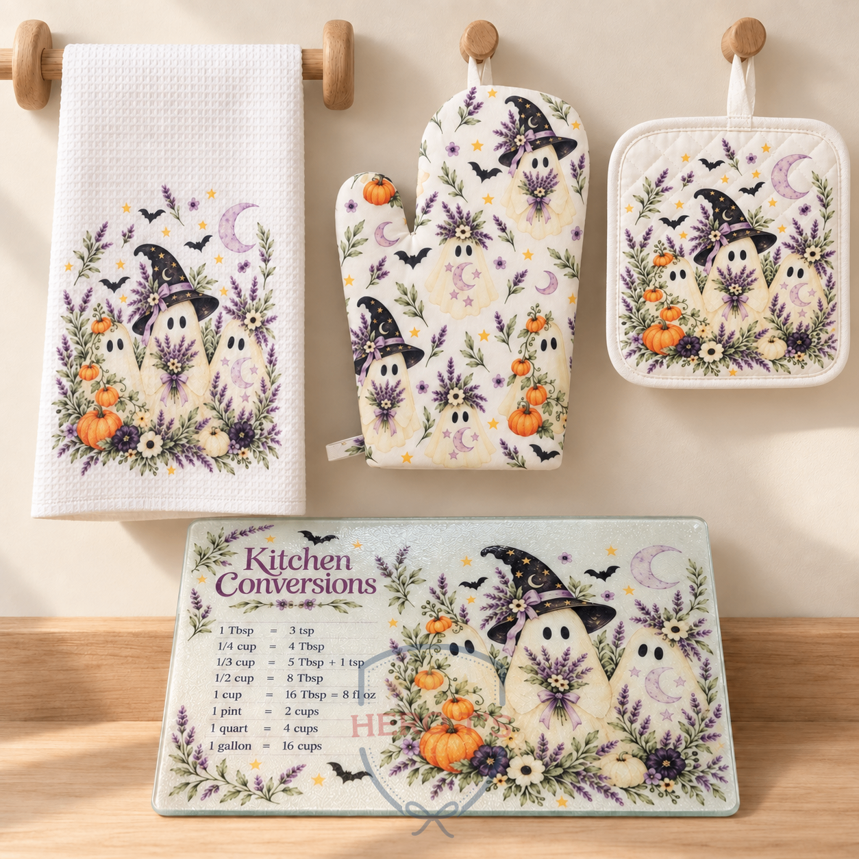 Lavender witch ghost kitchen set — towel, oven mitt, pot holder, and matching cutting board