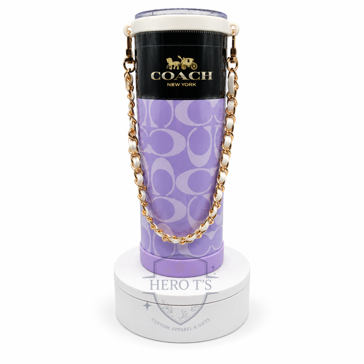 Purple custom tumbler with gold chain strap