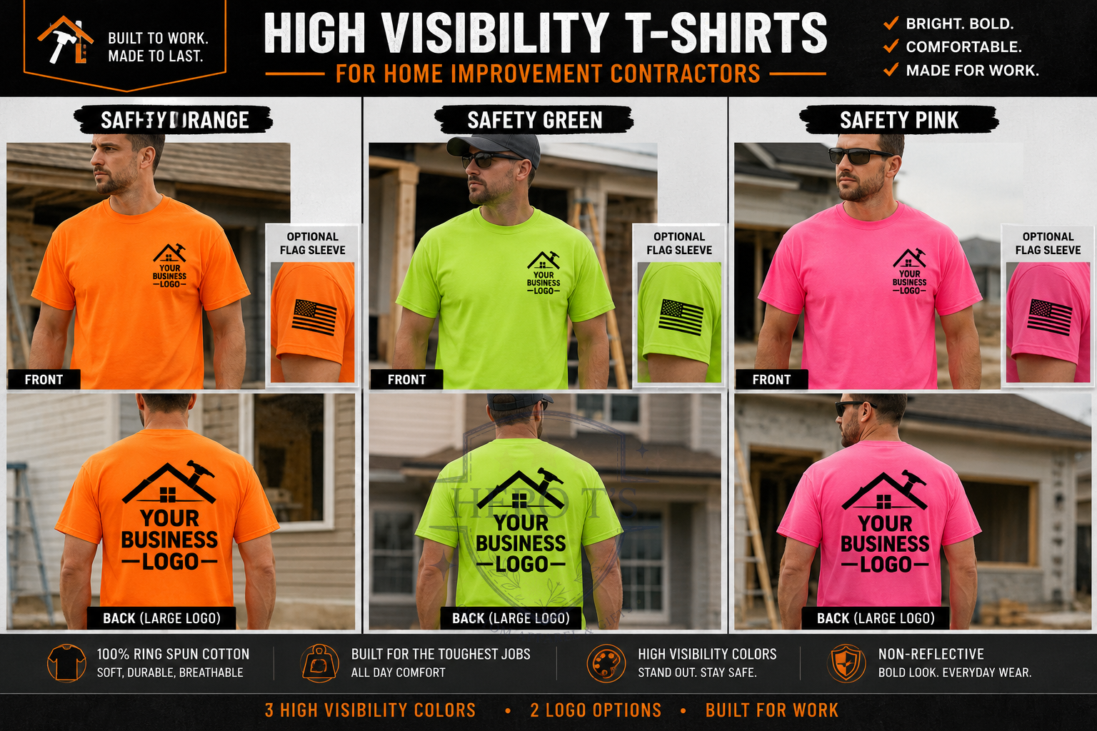 High-visibility contractor t-shirts in safety orange, safety green, and safety pink with optional flag sleeve and large back logo