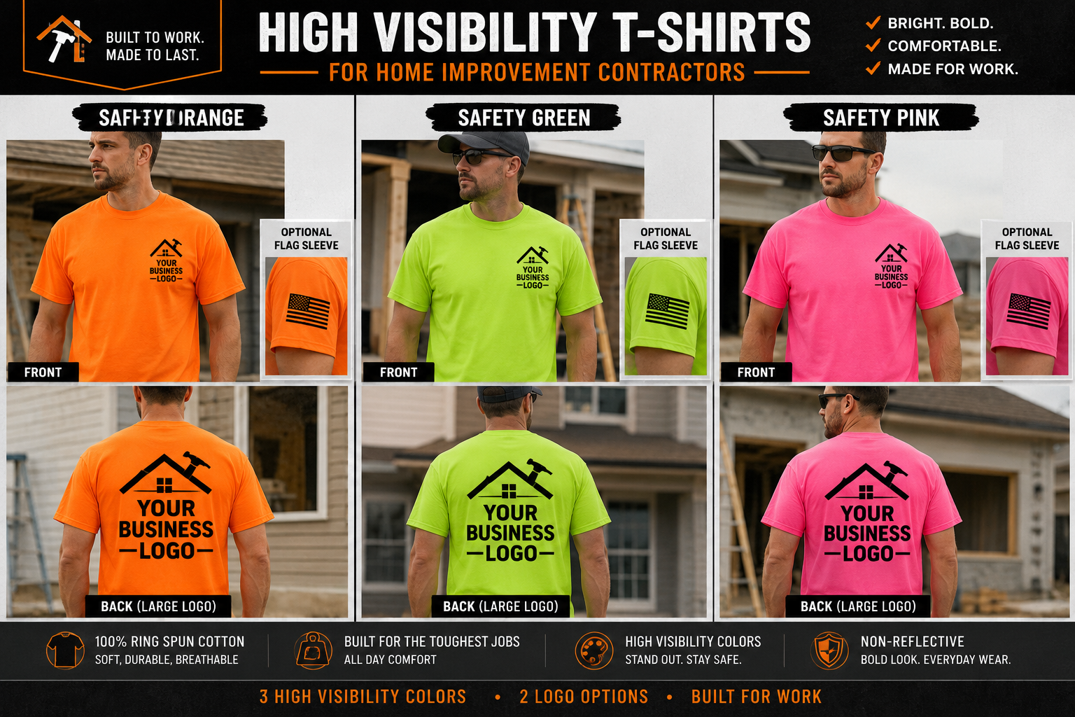 High-visibility contractor t-shirts in safety orange, safety green, and safety pink with optional flag sleeve and large back logo