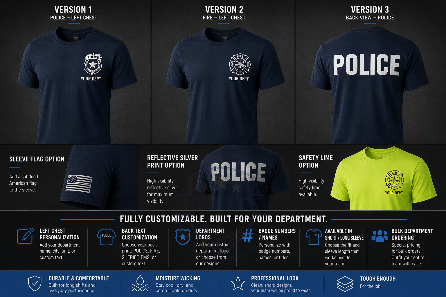 Custom duty wear add-on options including sleeve flag, reflective silver print, and safety lime colorway