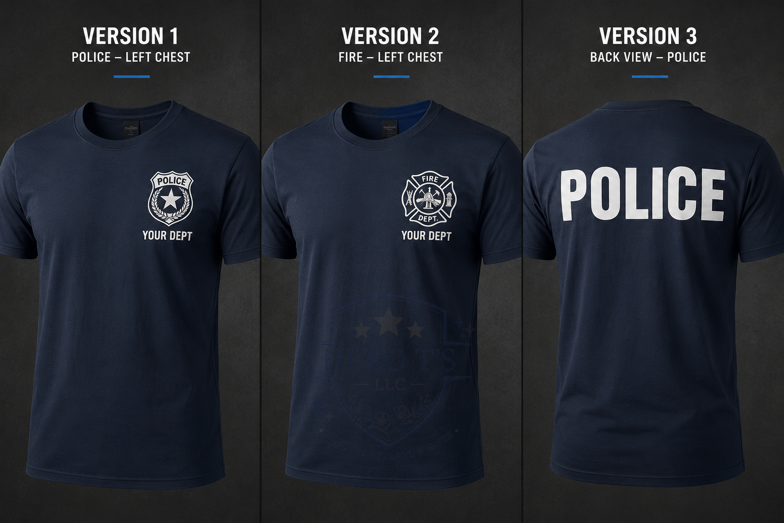 Three custom duty wear versions: police left chest, fire left chest, and back view police print